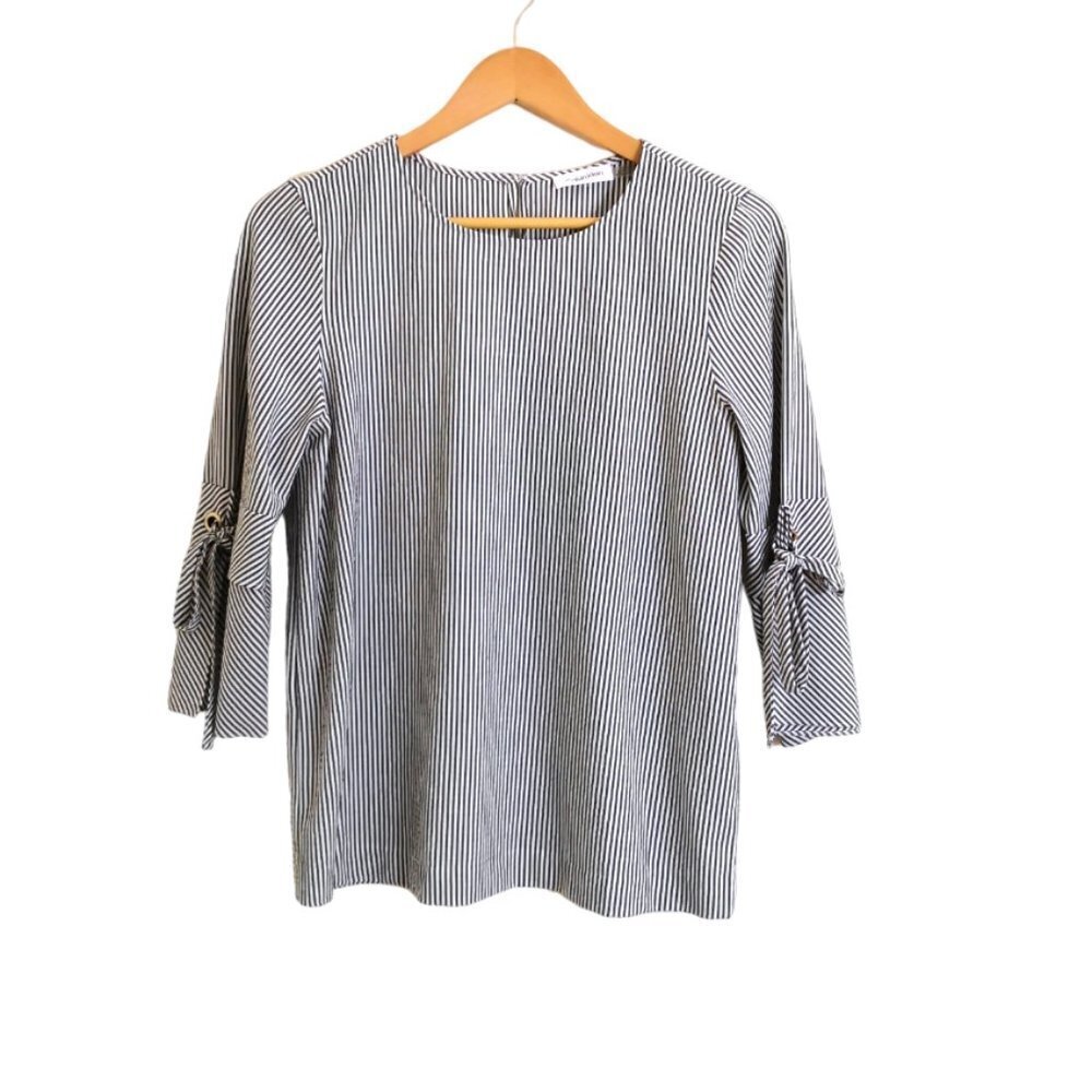 Calvin Klein Stripe 3/4 Sleeve With Split‎ And Tie Detail Blouse Size S-M